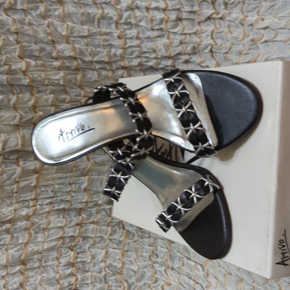 Artiva Bella black and silver leather two strap 2" heel. Size 6.5.